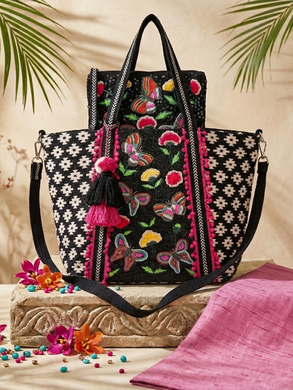 America & Beyond Beaded & Embroidered Butterfly Tote Bag Set